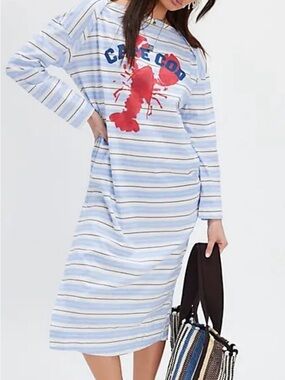 Ragabond/CapeCod Casual Light Blue Striped Dress w/ Bold Red Lobster (tiny flaw)